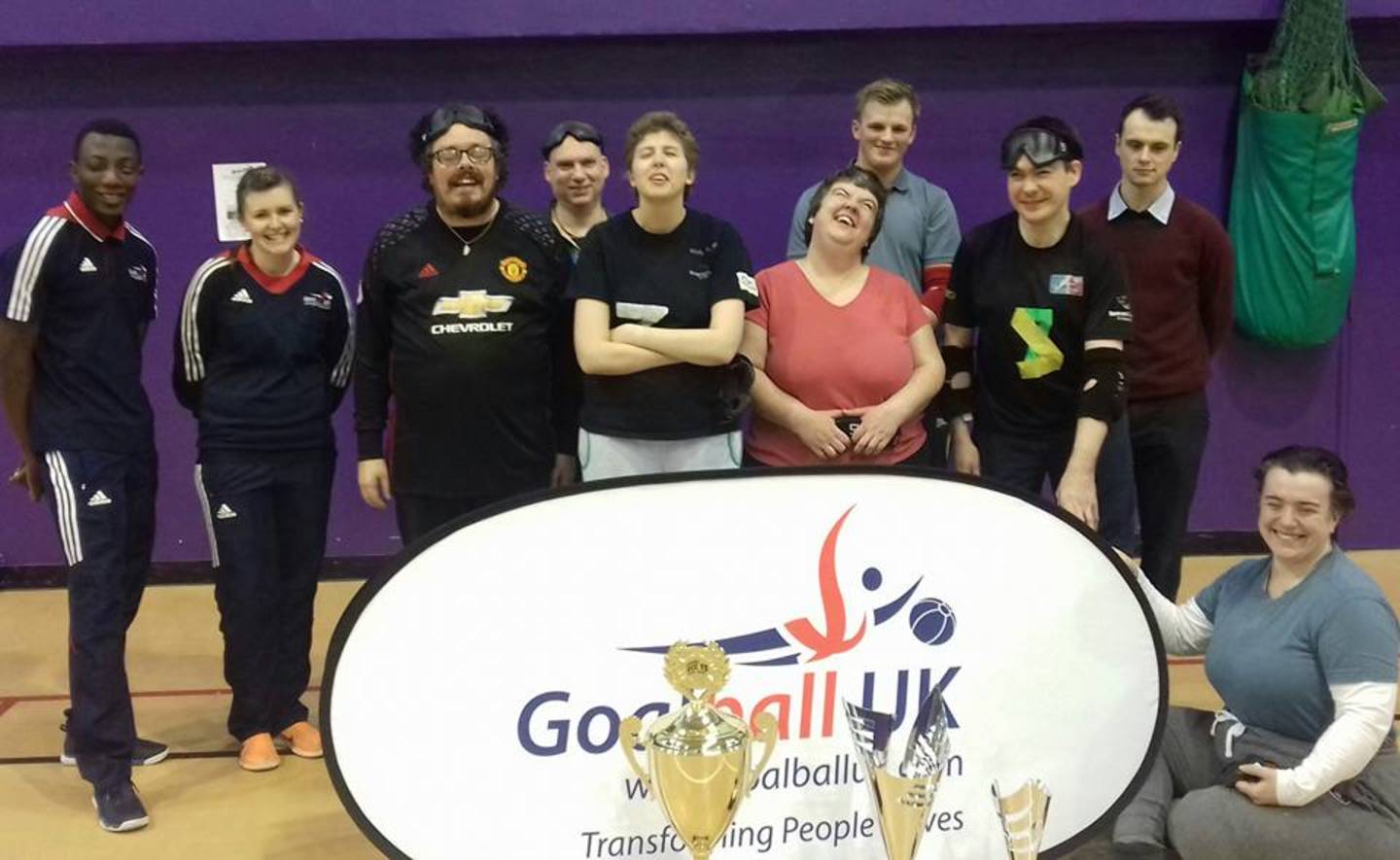 The Beacon Bullets goalball team during the GB Roadshow, where GB Women’s Assistant Coach Becky Ashworth and GB Men’s player Caleb Nanevie came to visit with the Euro Championships Trophies.
