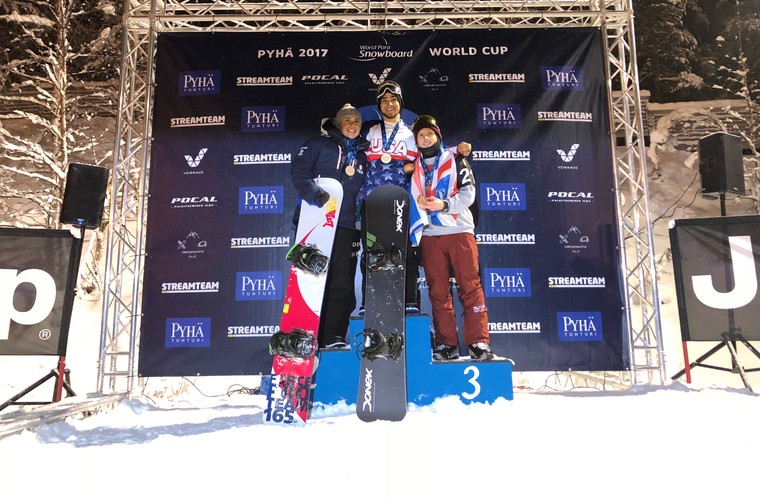 GB Snowboarder James Barnes-Miller on podium after finishing third in snowboard cross. 
