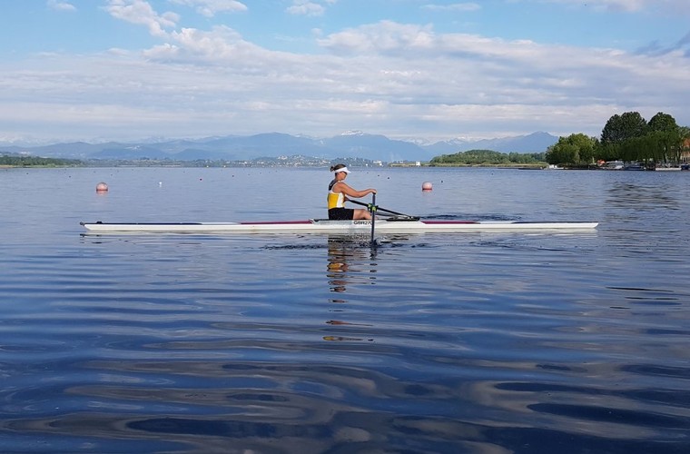 Sophie Harris on the water rowing