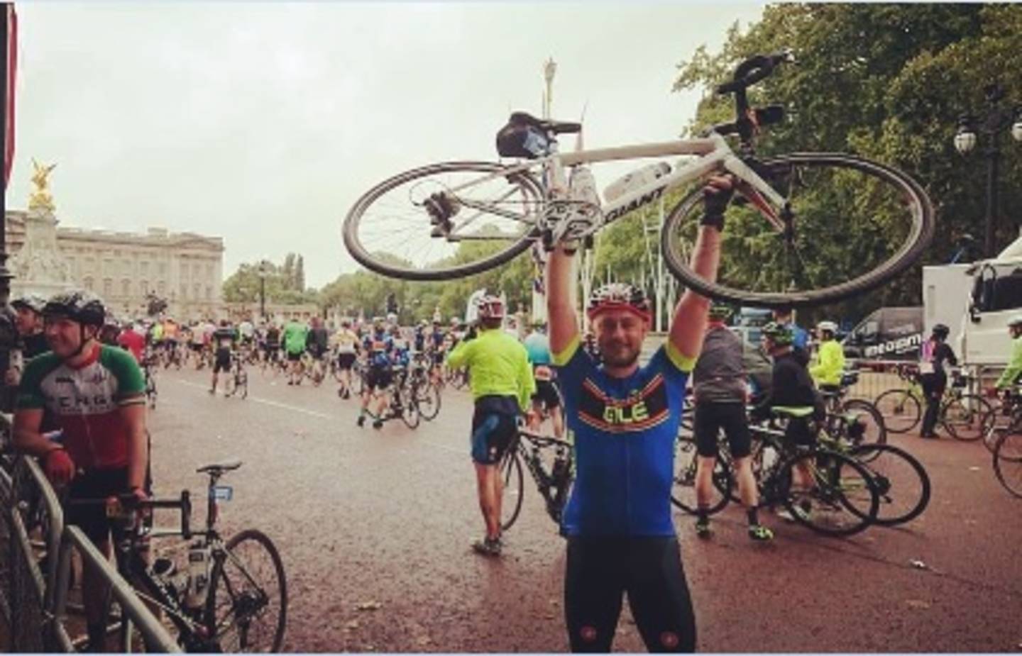 Craig celebrates after finishing Ride London 100 mile bike ride