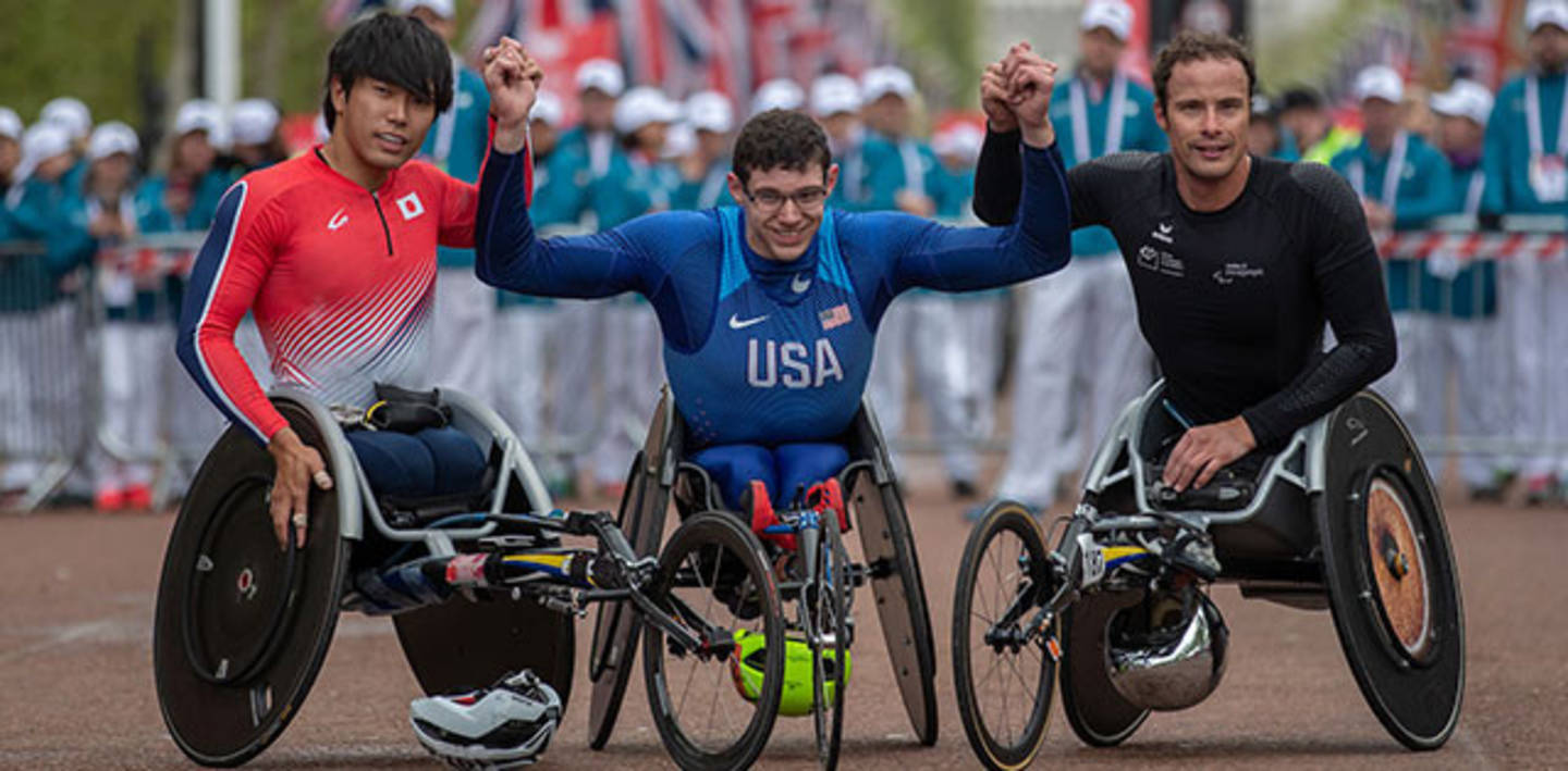 Men's wheelchair winners at Virgin Money London Marathon 2019