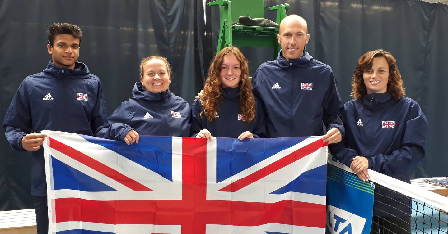 GB Deaf Tennis squad (L-R) Esah, Valerie, Pheobe, Lewis and Head Coach Catherine  