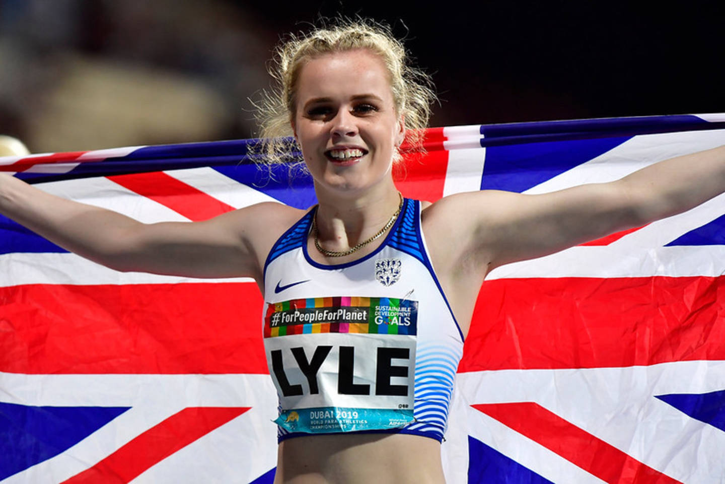 Maria Lyle celebrates after winning T35 200m final at World Para Athletics Championships 2019