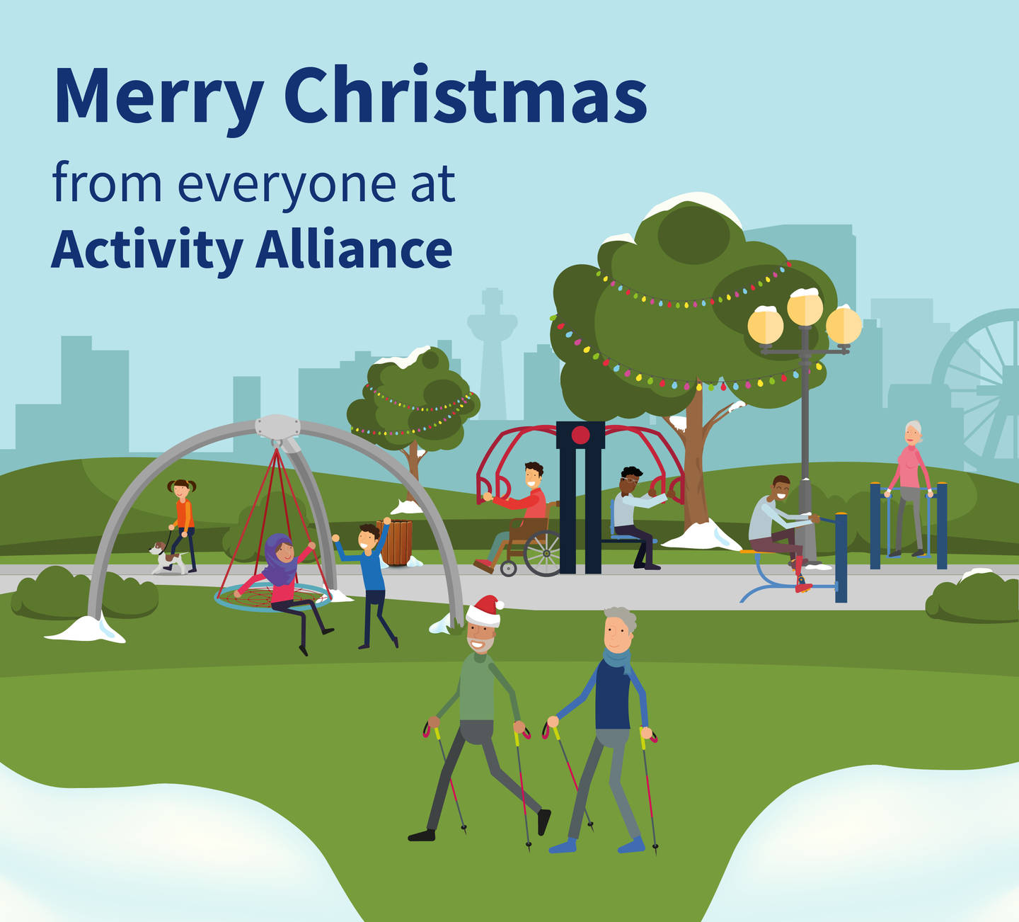A Christmas scene of an accessible playground with people enjoying activity