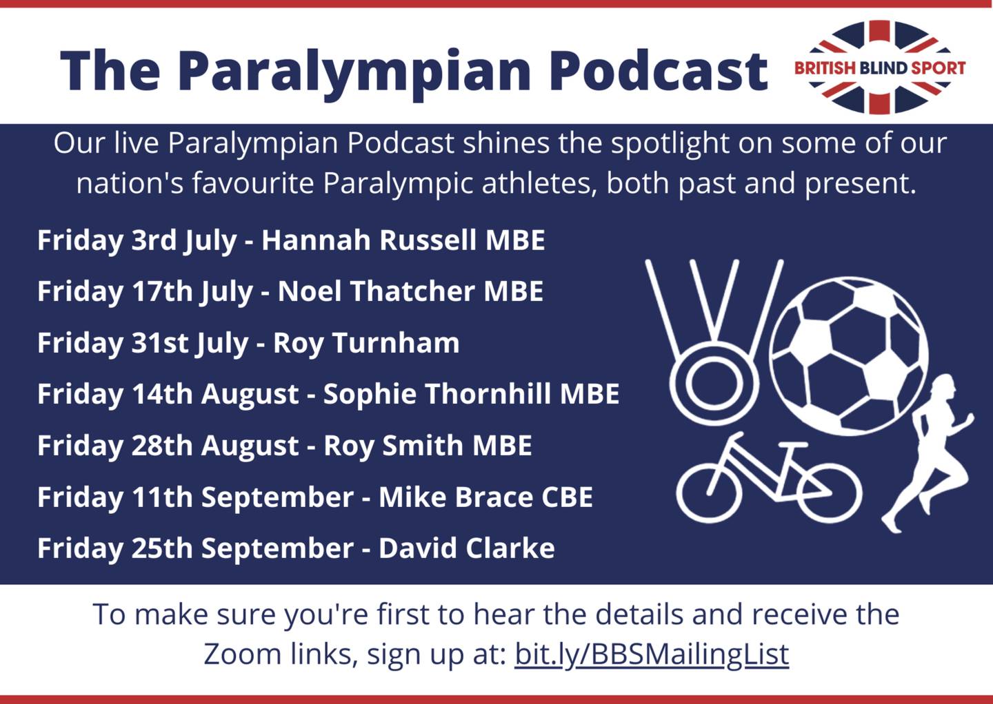 Image shows dates of British Blind Sport's Paralympic Podcast series 