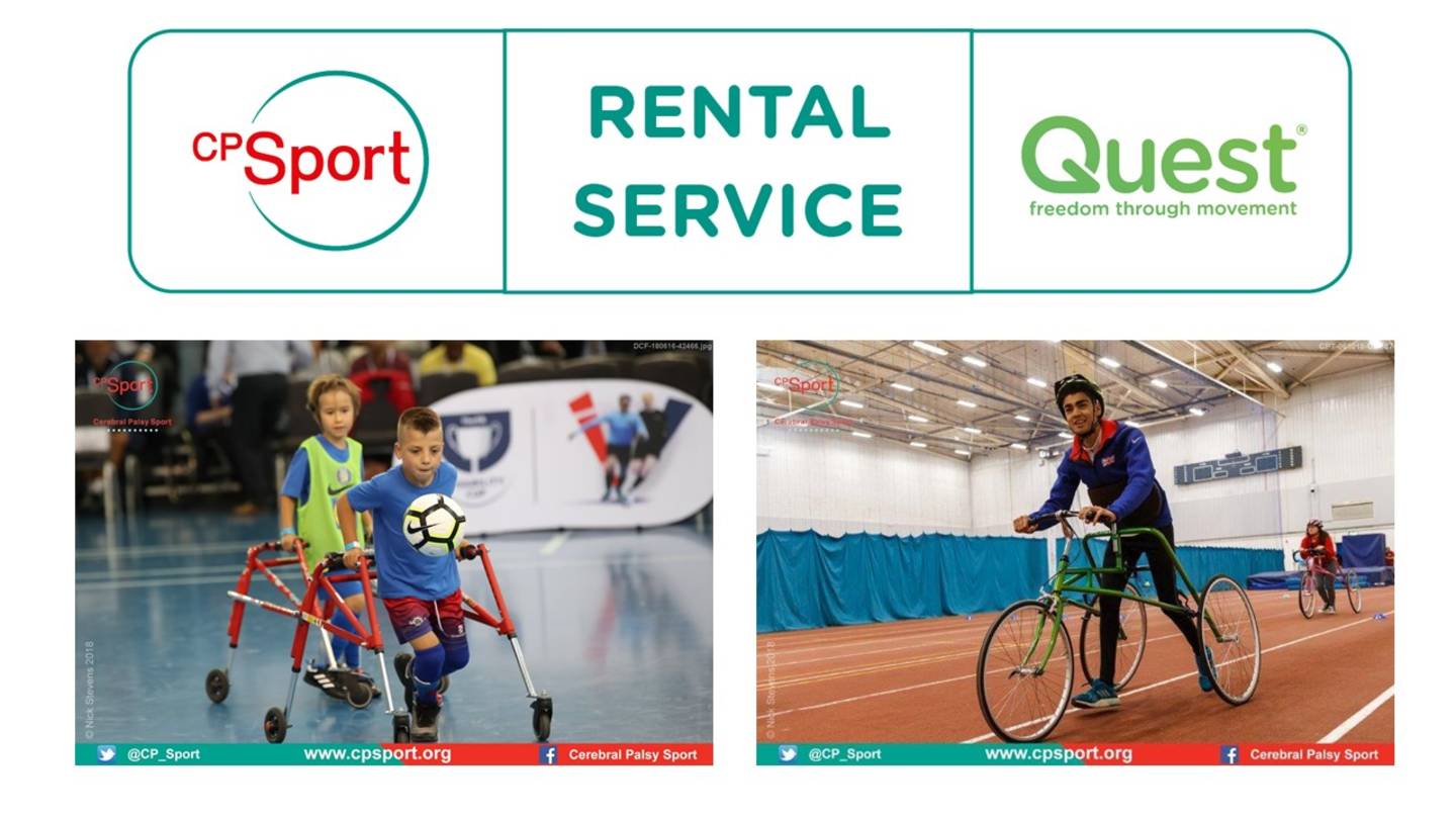 CP Sport and QUEST equipment rental service graphic showing CP Sport's logo, QUEST logo and images of a young boy playing frame football and another young boy taking part in RaceRunning. 