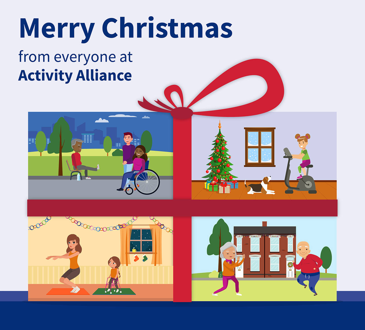 Christmas illustration showing disabled people with different impairments taking part in sports and activities at home and outside. 