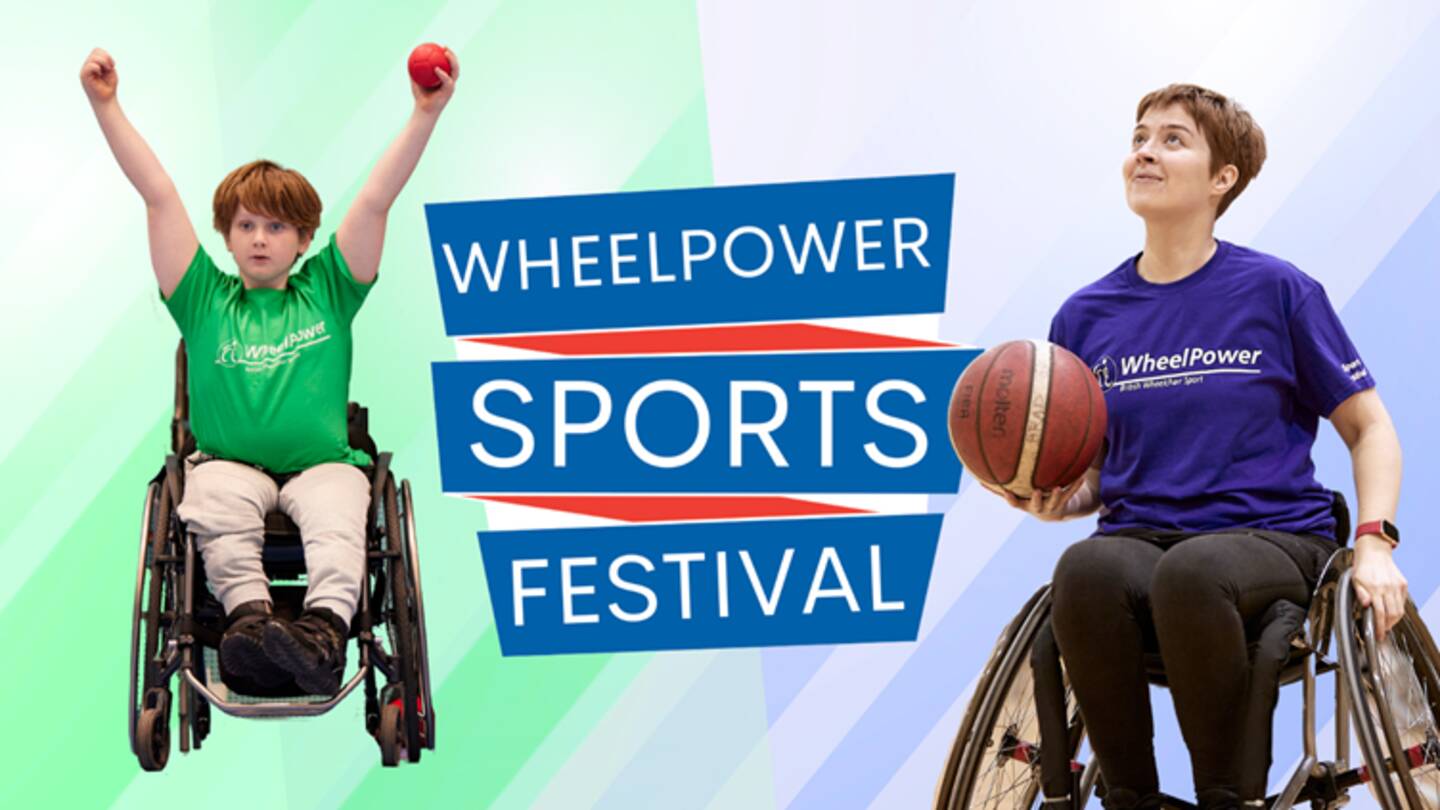 A young boy in a wheelchair raises his arms, he has a ball in one hand. A woman in a wheelchair carries a basketball looking ready to take a shot. Between the two images is the text 'WheelPower Sports Festival'.