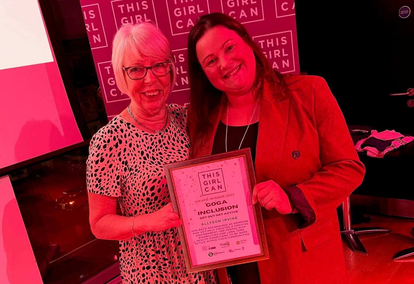 Allyson Irvine with Helen Derby celebrating Allyson winning an award for This Girl Can in Nottingham. 