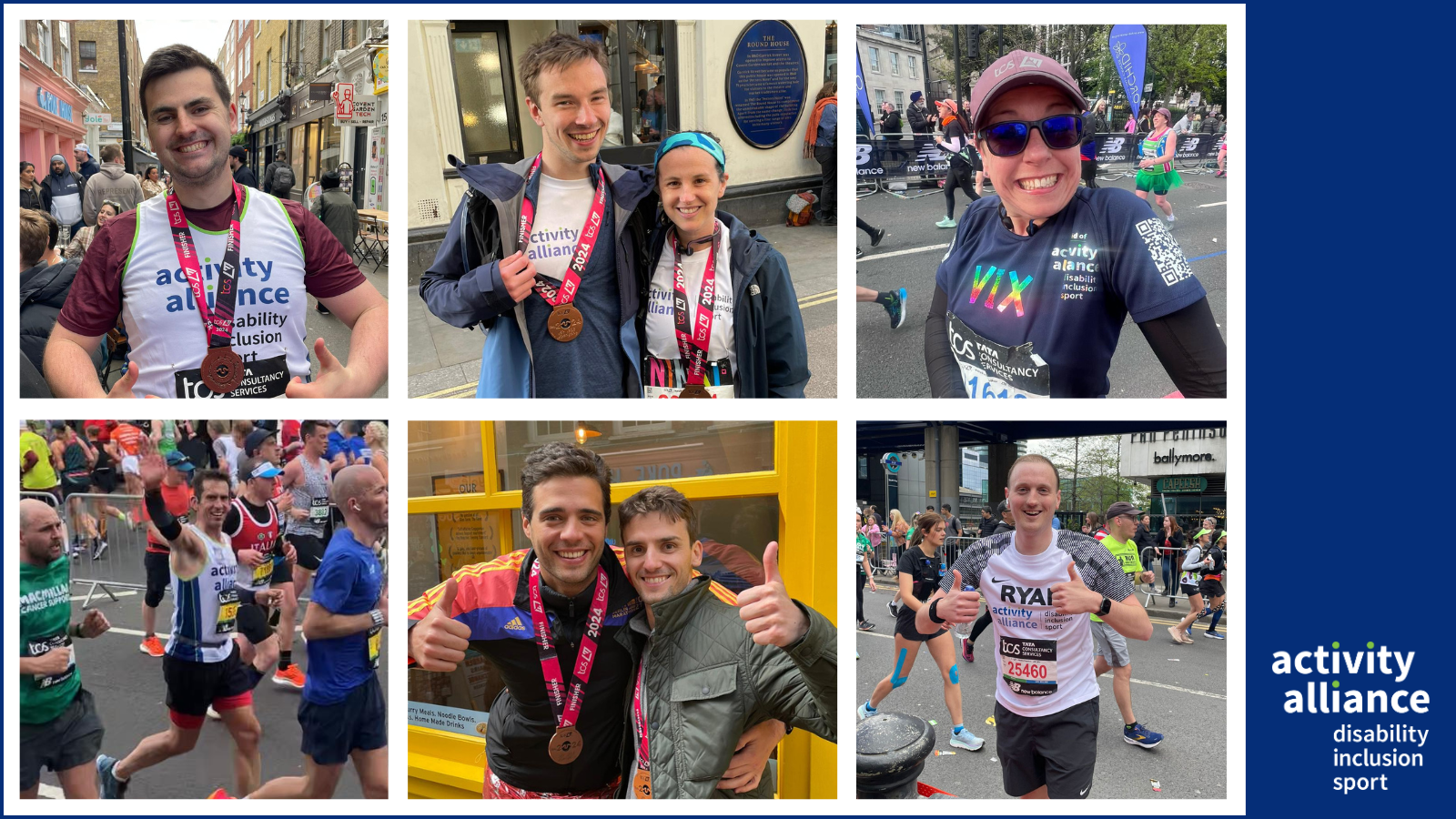 A collection of images of people showing their London Marathon medals.