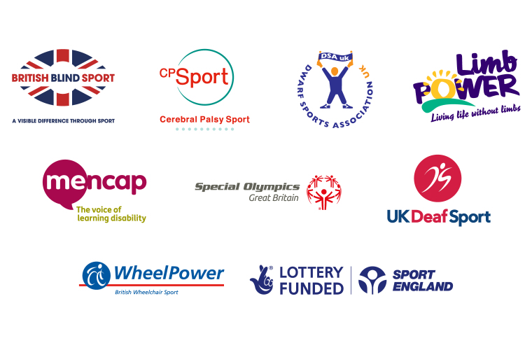 Logos of National Disability Sports Organisations and Sport England.