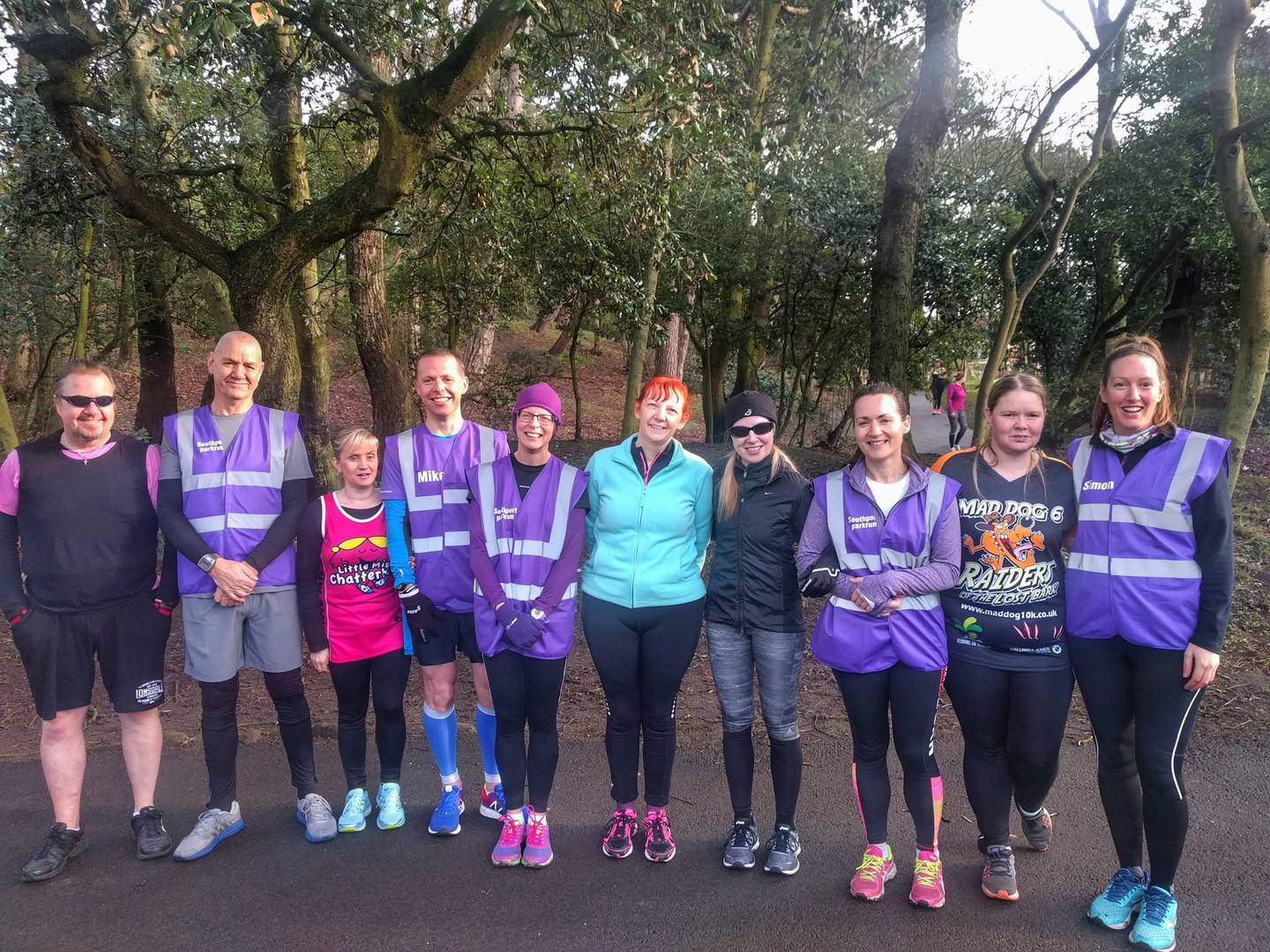 Members of the Southport parkrun group. Left to right: James and Terry (guide), Kelly and Mike (guide), Jen (guide) and Karen, Rachel (guide) and Catherine, Donna and Sarah (guide).