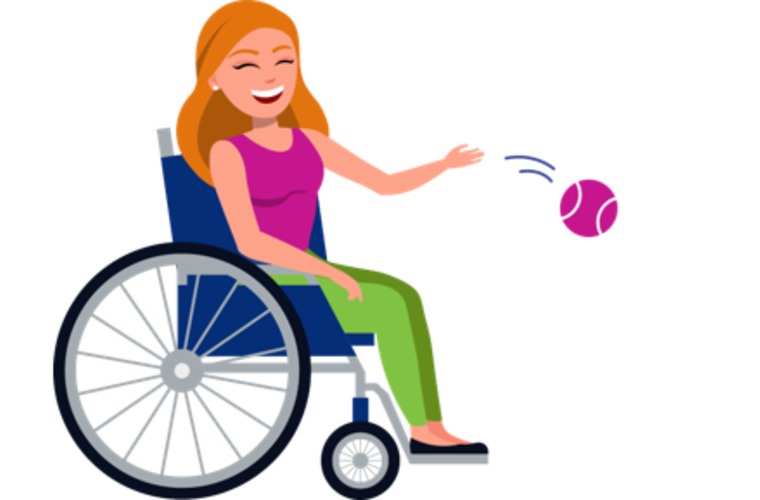 Illustration of woman doing yoga exercises, older man doing step-ups and woman in a wheelchair throwing tennis ball 