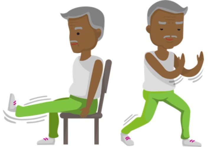 Illustration of girl with prosthetic leg running with dog on lead, older man doing sit stand exercises and woman using gym exercise ball