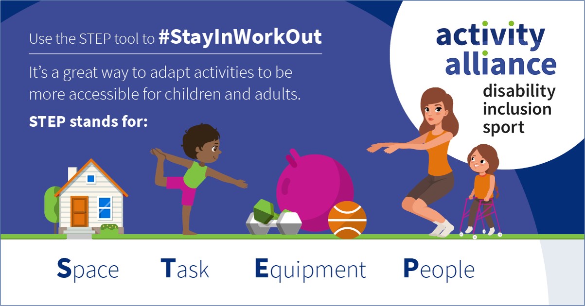 Illustration shows various people doing adapted exercises and activities. Text on graphic reads STEP stands for Space, Task, Equipment, People