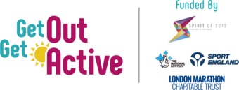 Get Out Get Active programme lock up logo with funders: Spirit of 2012, Sport England, London Marathon Charitable Trust, The National Lottery