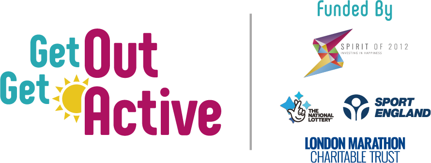 Get Out Get Active programme lock up logo with funders: Spirit of 2012, Sport England, London Marathon Charitable Trust, The National Lottery