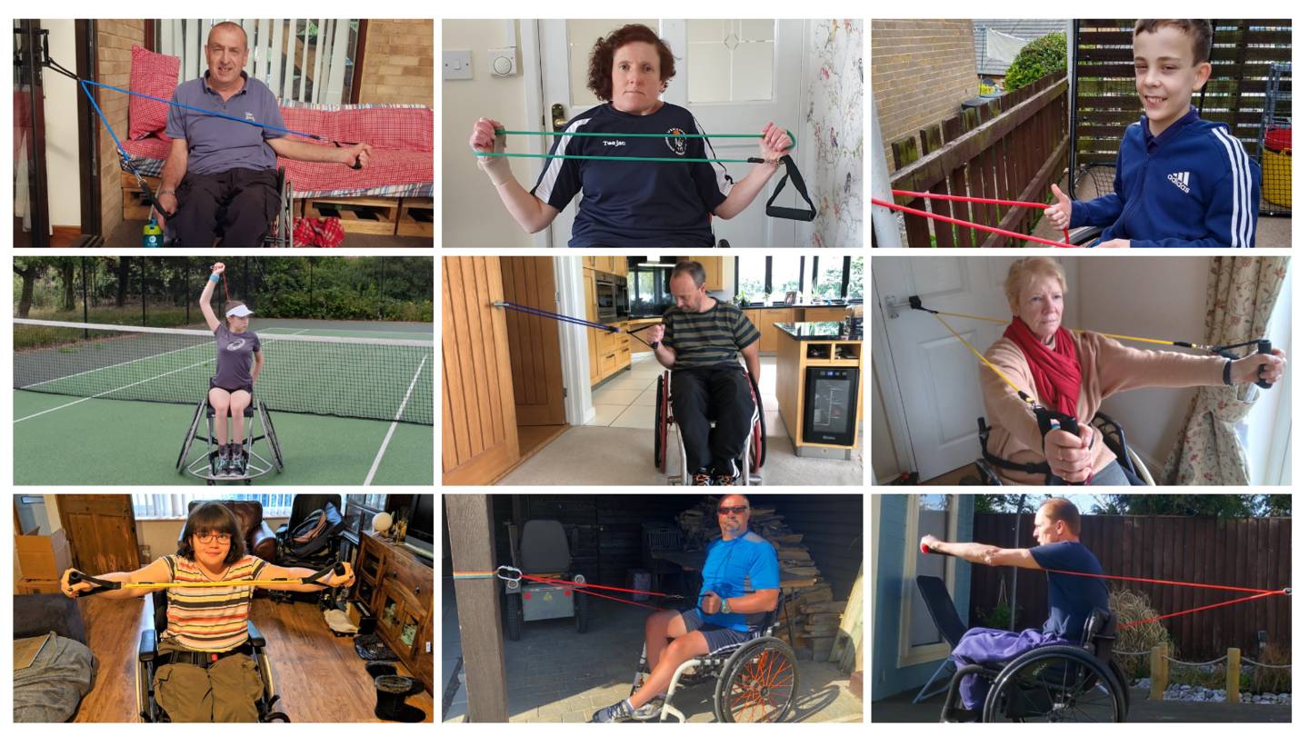 A collage of different people using WheelPower's resistance bands