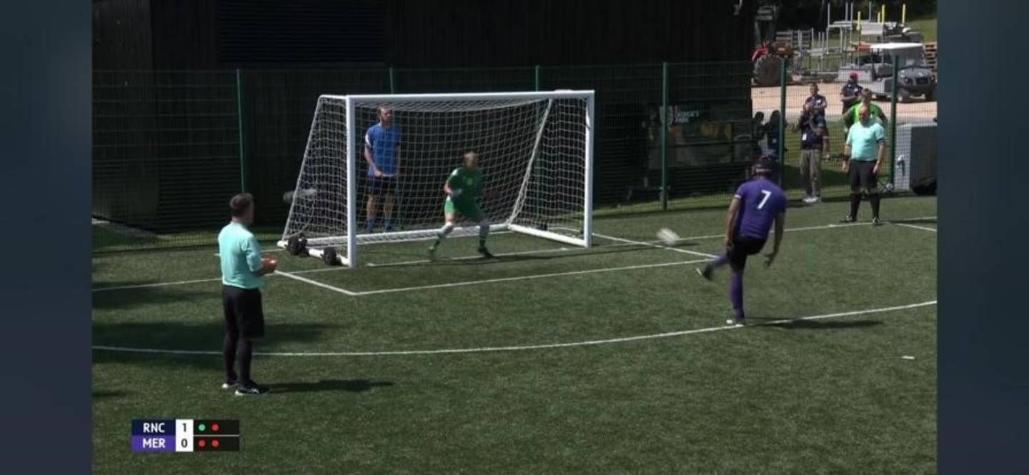 Rainbow scoring his penalty at FA Disability Cup final in 2021