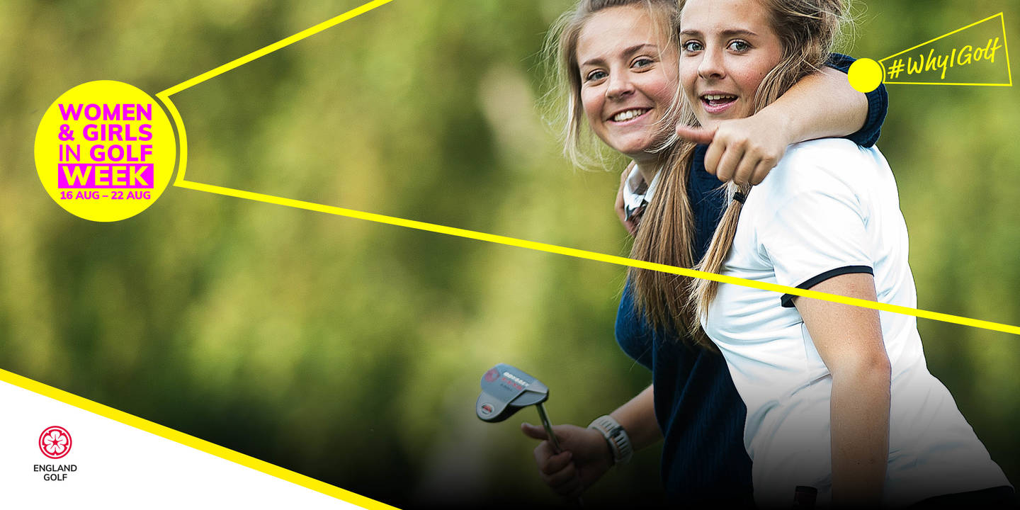 Promotional image for Women and Girls Golf Week. Two teenage girls smiling on golf course 