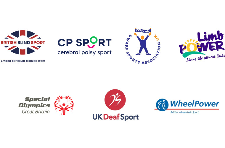 Logos for National Disability Sports Organisations: British Blind Sport, Cerebral Palsy Sport, Dwarf Sports Association UK, LimbPower, Special Olympics GB, UK Deaf Sport, WheelPower