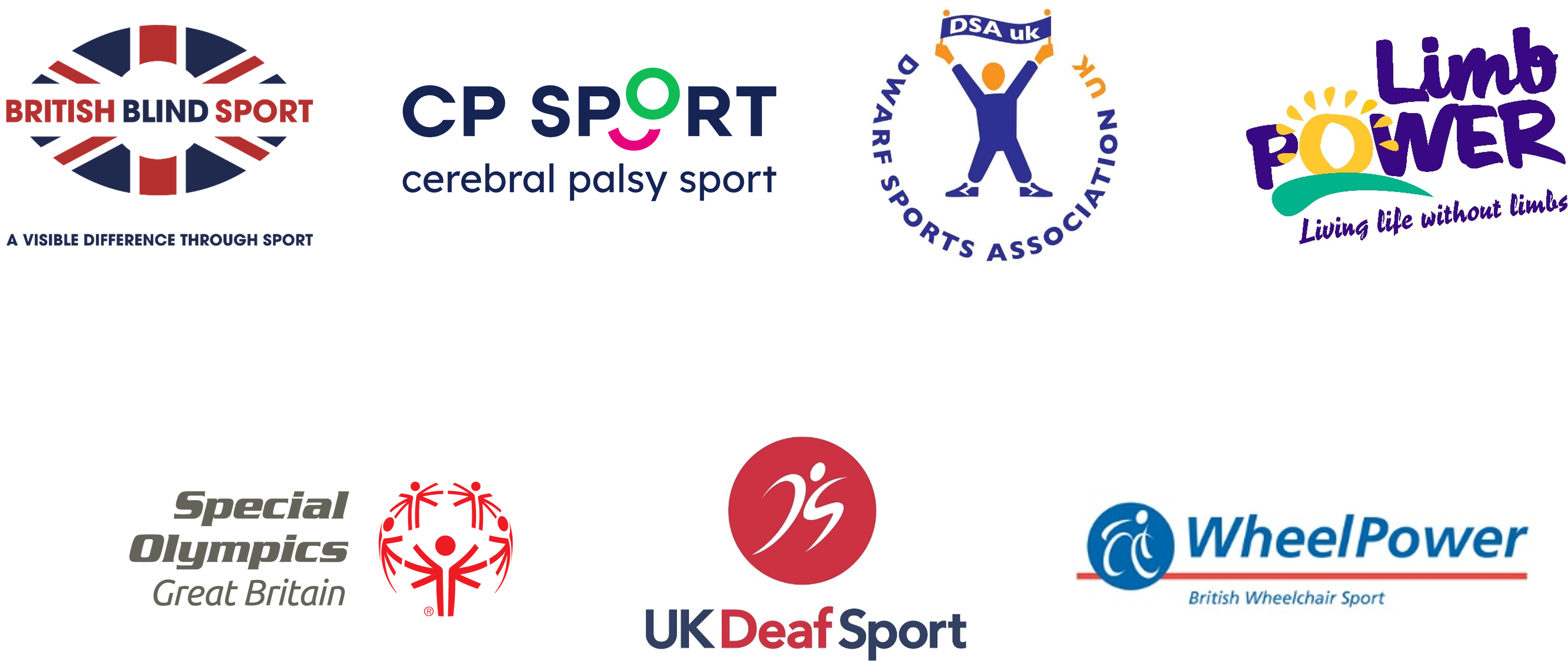 Logos for National Disability Sports Organisations: British Blind Sport, Cerebral Palsy Sport, Dwarf Sports Association UK, LimbPower, Special Olympics GB, UK Deaf Sport, WheelPower
