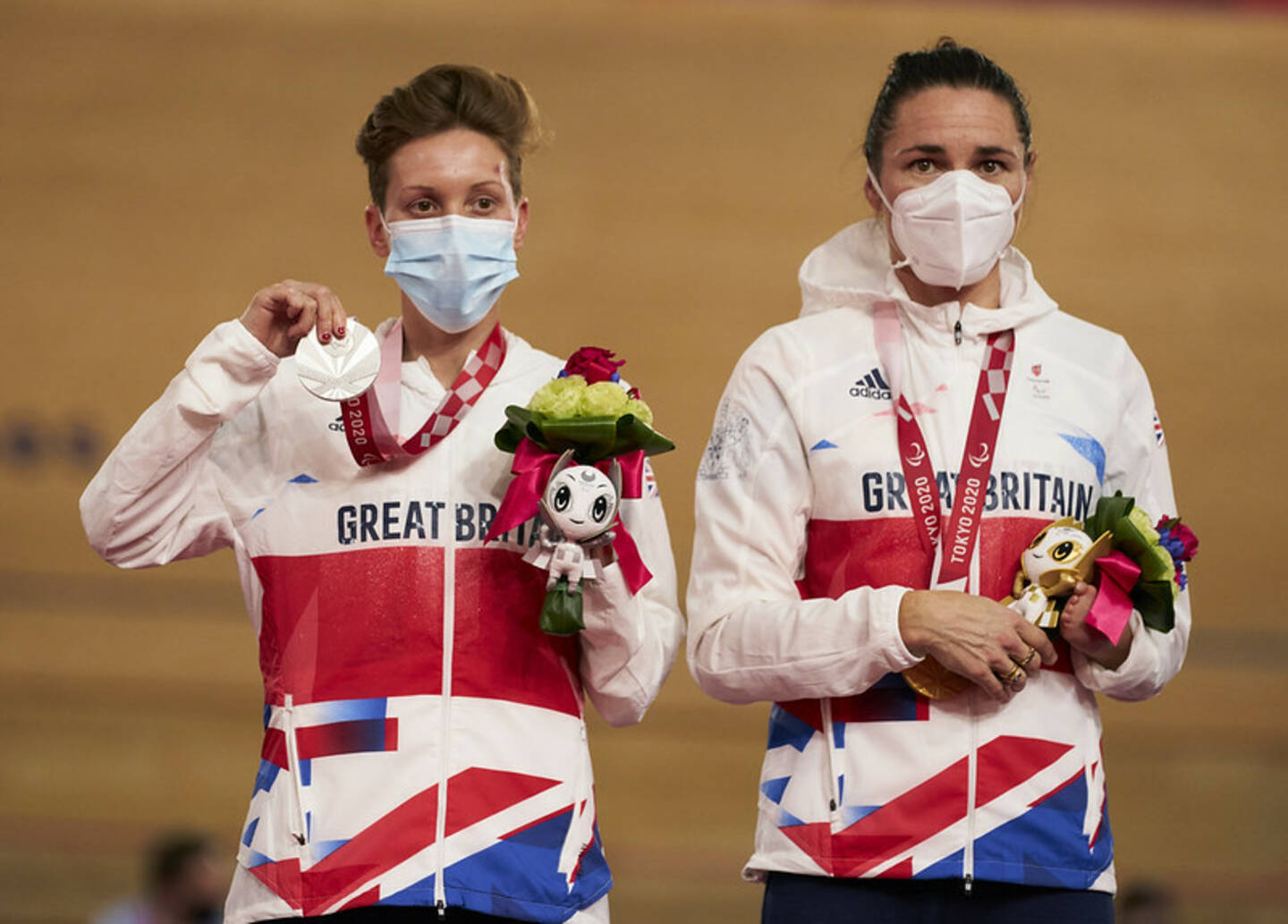ParalympicsGB cyclists Sarah Storey and Crystal Lane Wright C5 3k pursuit podium