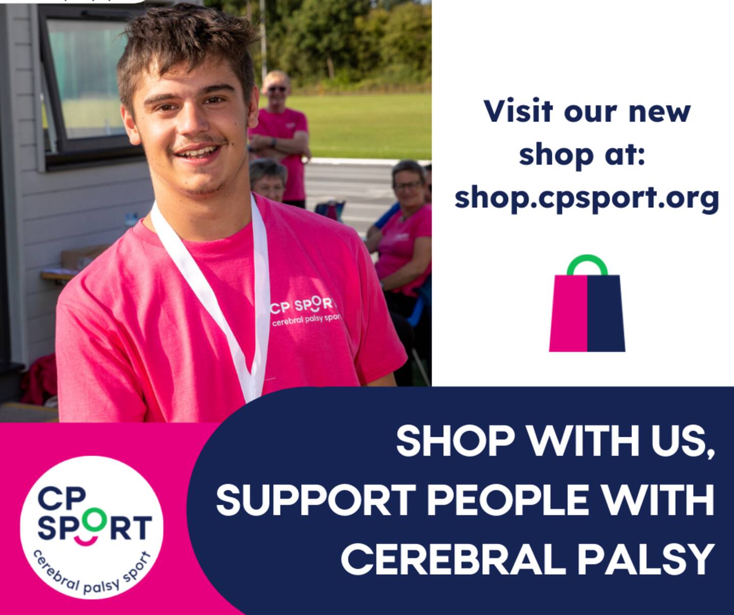 Young man wearing CP Sport pink t-shirt smiling to camera