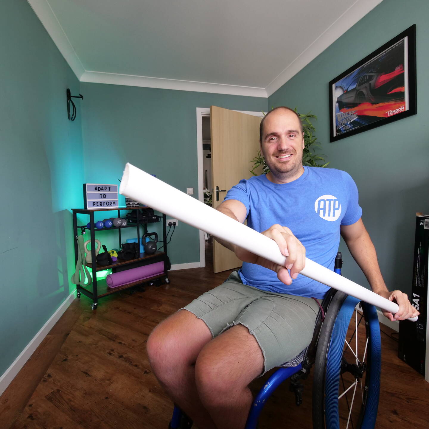 Ben Clark working out in his living room. 