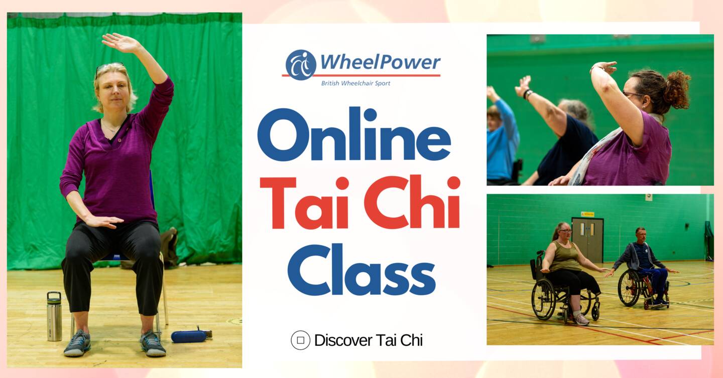 People taking part in tai chi sat down, with text that reads WheelPower online tai chi class