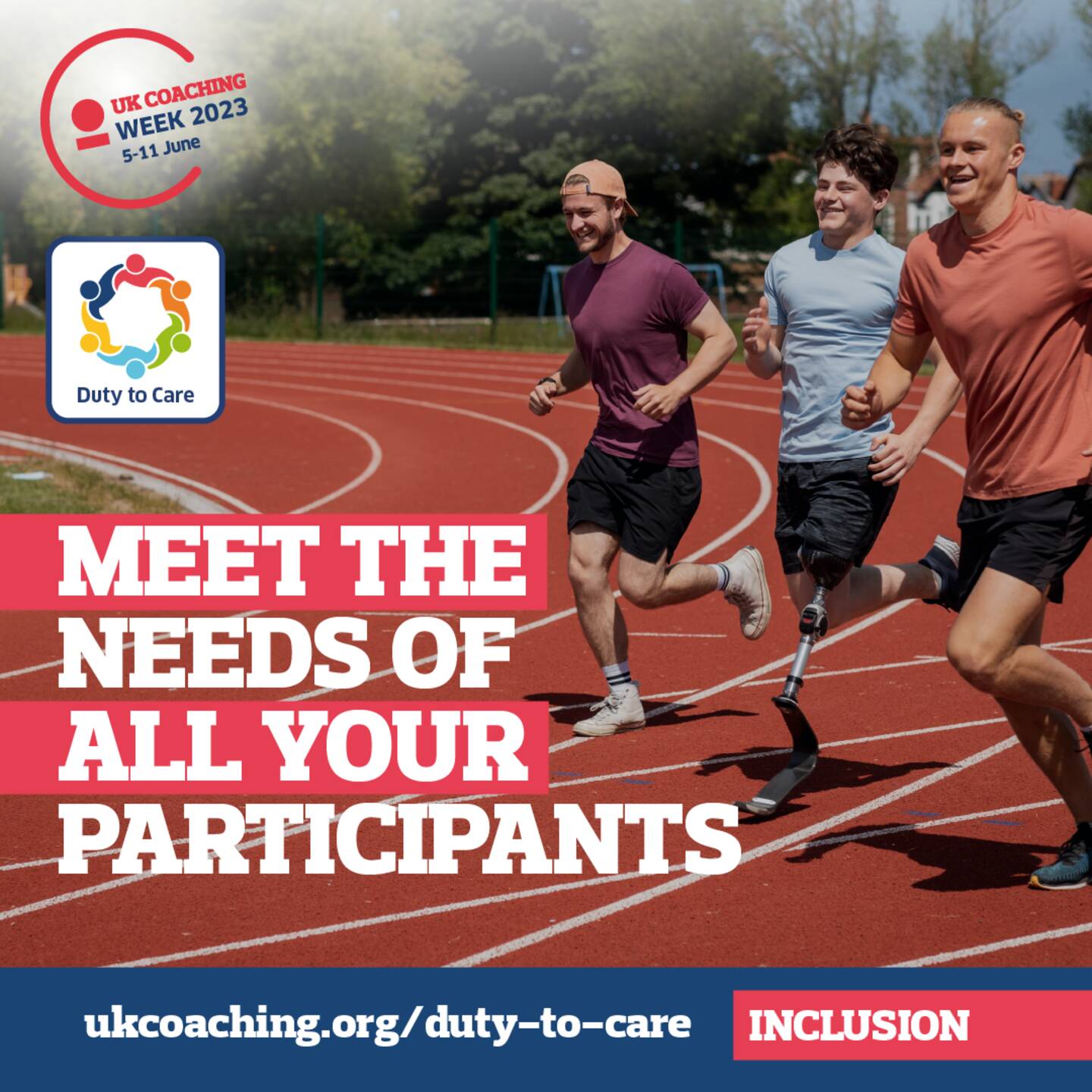 Three men run on an athletics track with the words Meet the Needs of All Your Participants.