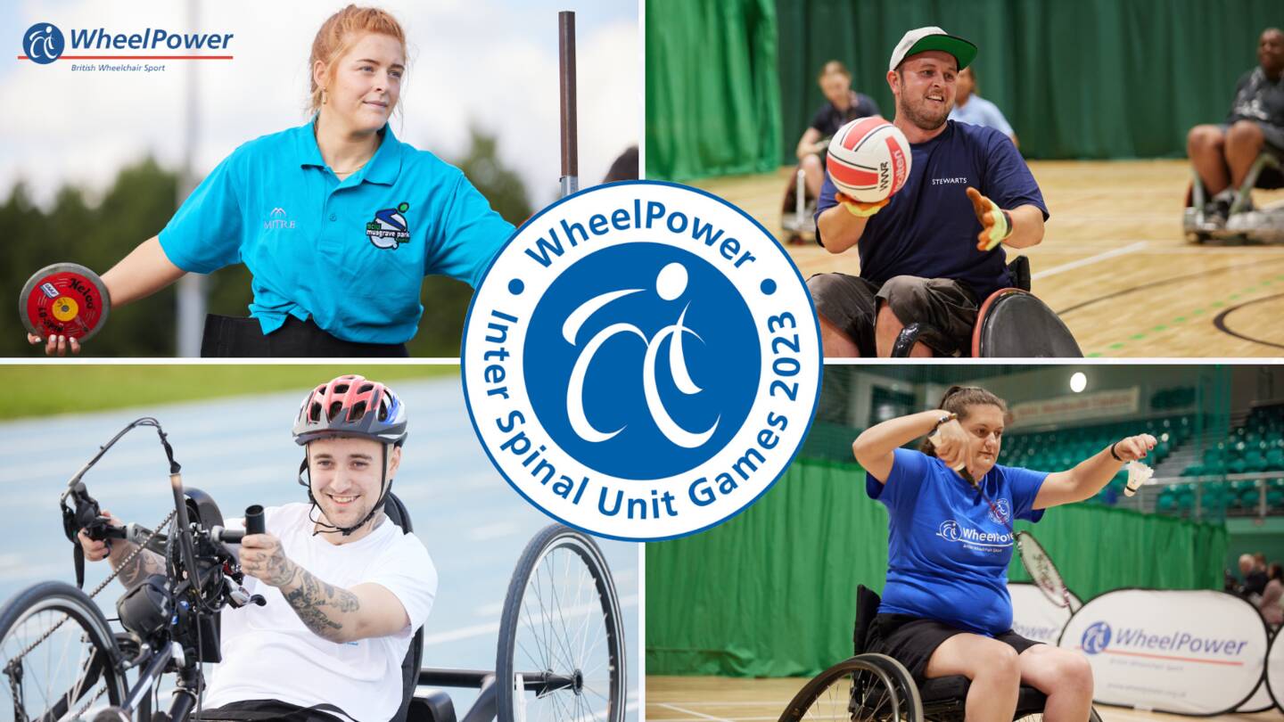 Four images show a woman about to throw a discus, a man holding a basketball, a man in a handcycle and a woman playing wheelchair badminton. The WheelPower logo is on top of the images.