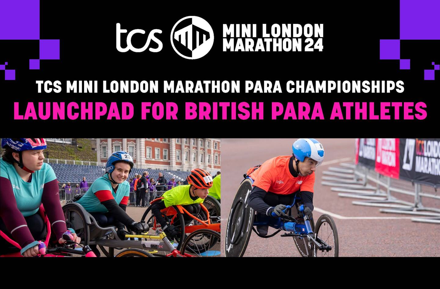 Advert for Mini London Marathon Para Championships. Image shows athletes taking part in wheelchair road races.