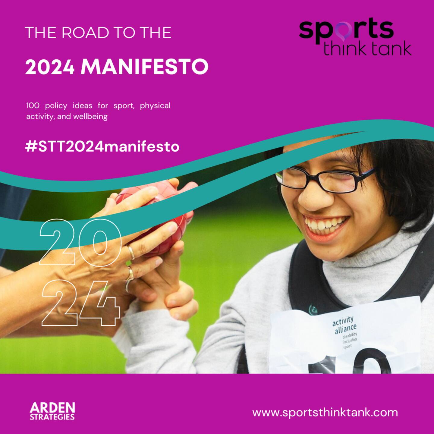 An image of a woman playing boccia with the Sports Think Tank logo on top. The words The Road to the 2024 Manifesto, policy ideas for sport, physical activity and wellbeing. 