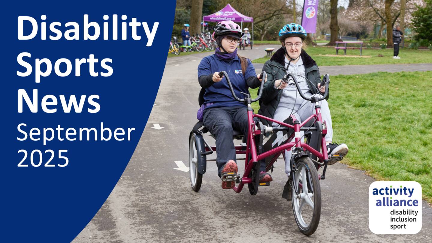 Disability Sports News September 2025. Two women are riding a trike through the park.