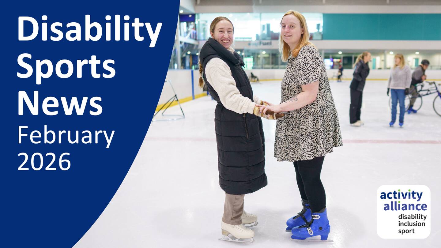 Disability Sports News February 2026. Photo shows two women taking part in an inclusive ice skating session.