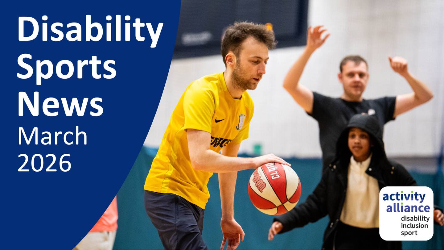 Disability Sports News March 2026. Image of a young disabled man playing basketball.