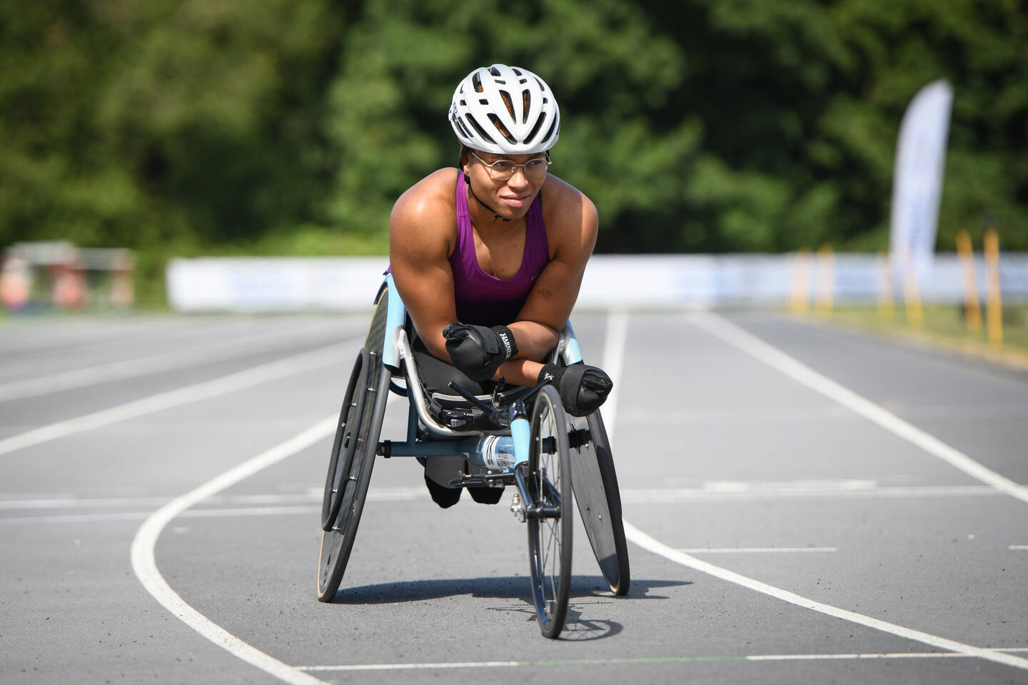 Kare Adenegan in her racing wheelchair on track at the 2026 National Junior Para Athletics Championships.