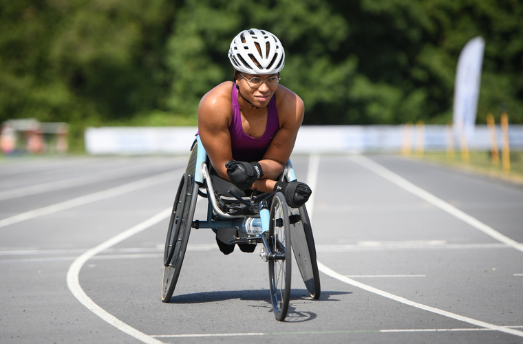 Kare Adenegan in her racing wheelchair on track at the 2026 National Junior Para Athletics Championships.