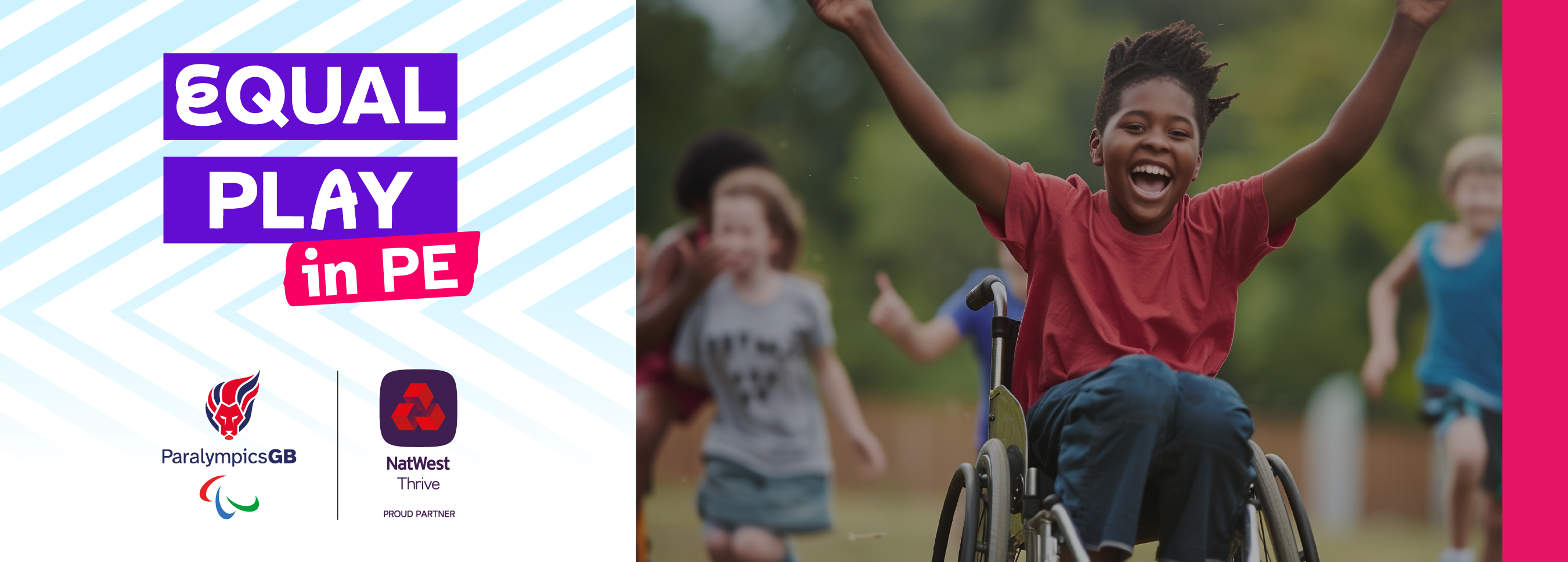 Equal Play in PE banner. A child in a wheelchair celebrates crossing a finish line with his arms in the air